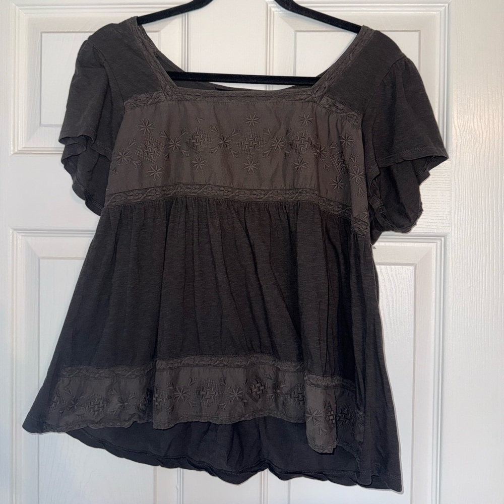 Lucky Brand Embroidered Square-Neck Top - Black